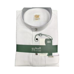 Venta caliente clásico blanco hilado poliéster tela Stand <span class=keywords><strong>Collar</strong></span> Qatar Robe con mangas de puño y botón de metal túnica musulmana - Product Image 1