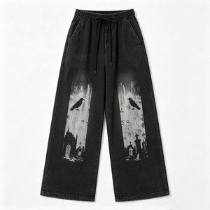 Vintage Washed Wide Leg Pants Kornit DTG Crow Cemetery Tomb Print Elastic Drawstring Streetwear Trousers - Product Image 3