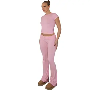 Damen Sommerset individualisierte solide Farbe Baumwolle Polyester Loungewear Kleidung Kurzarm-Hemd Flare Hosen Loungewear-Sets