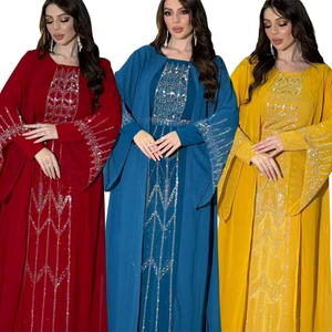 LEDUO Elegant Party Luxury Crystal Beaded Embellished Geometric <b>Chiffon</b> Muslim Open <b>Abaya</b> - Product Image 2