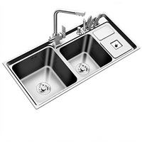 Évier de cuisine double à deux trous en acier inoxydable 304 embouti, avec surface nano, poste de travail multifonctionnel et accessoires