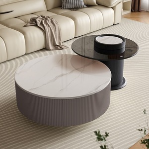 Table basse en pierre de design scandinave moderne haut de gamme avec cadre en bois et double tiroir coulissant autoportant pour salon - Product Image 1