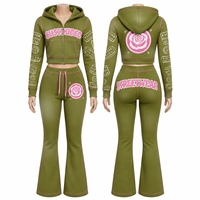 Conjunto Deportivo Personalizado con Lavado Ácido, Sudadera Ajustada con Capucha y Pantalones Acampanados de Dos Piezas para Mujer, Chaqueta con Cremallera y Mangas Largas