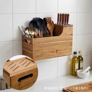 Wooden <b>Kitchen</b> Utensil <b>Rack</b> Wall Mounted Rectangle Natural Wood Color Knife Fork Spoon Organizer Drainer <b>Rack</b> Tableware <b>Storage</b> - Product Image 2