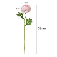 Fleur artificielle de renoncule rose à tige unique en soie, fausse fleur de ménche avec feuilles vertes pour vase de mariage et décoration florale d'intérieur (vente en gros)
