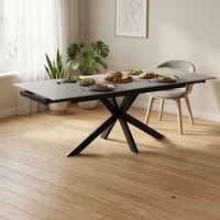 Table à manger extensible en pierre frittée avec pieds en métal gris en forme de X, table à manger moderne extensible en dalle de roche rétractable