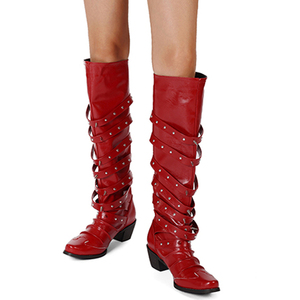 Metal Buckles Women Rivets Knee High <b>Boots</b> Chunky Heels Shoes on Wide Fit Square Toe Long <b>Boots</b> - Product Image 5