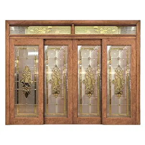 Prehung समाप्त सतह महोगनी डिजाइन चार पैनल इंटीरियर लकड़ी के कांच के दरवाजे फिसलने लक्जरी आधुनिक ग्राफिक डिजाइन अनुकूलित