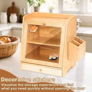 Kitchen bamboo and wood bread <b>box</b>, double-layered <b>glass</b> front window, bread and snack storage <b>box</b> with cutlery drawer. - Product Image 4