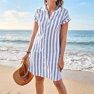 Women's Fashion Summer Midi Shirt Dress Elegant Casual Striped Stand Collar Front Button Loose Short Sleeves Woven Digital - Product Image 2