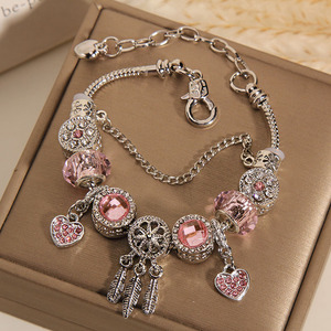<span class=keywords><strong>Bracelet</strong></span> à breloques attrape-rêves réglable plaqué <span class=keywords><strong>argent</strong></span> <span class=keywords><strong>pas</strong></span> <span class=keywords><strong>cher</strong></span>, perles à gros trous, chaîne serpent, pendentif cœur en cristal pour femmes - Product Image 5