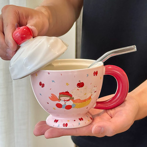 Ceramic Mug <b>With</b> <b>Lid</b> <b>And</b> Spoon Cartoon Pattern For Home Office Use Gift For Women Single <b>Cup</b> Set - Product Image 2