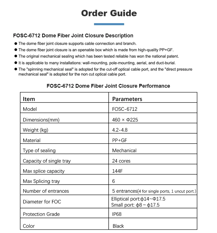 컴팩트 144F 돔 클로저 좋은 성능 IP68 미니 터미널 박스 클로저 광섬유 스플라이스 클로저