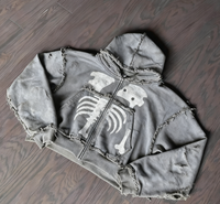 Sweat-shirt à capuche pour homme en molleton français personnalisé, style streetwear, fermeture éclair, imprimé en relief, patchs brodés rétro, sweat-shirt pour homme
