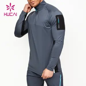 Oem Trechter Hals Bodybuilding Half Zip Lange Mouwen Zakken Athletic Running T-shirt Workout Custom Mannen Gym Training Top