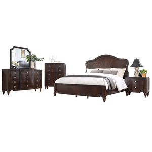 Modern Dark Brown Wood Bedroom Furniture Set - Sleigh Bed Dresser <b>Nightstand</b> & Chest with Circular Hardware Classic Contemporary - Product Image 1