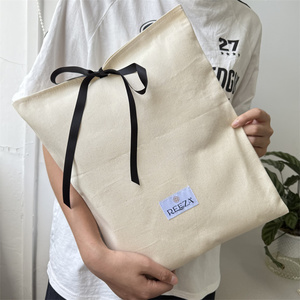 Factory Custom Logo Size Cotton Dust Bag Natural Cotton Clothes <b>Gift</b> Packing Bag with Woven Label and Ribbon - Product Image 4