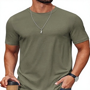 T-shirt à manches courtes pour homme, coupe slim, vert olive, col rond, couleur unie, jersey décontracté en coton - Product Image 1