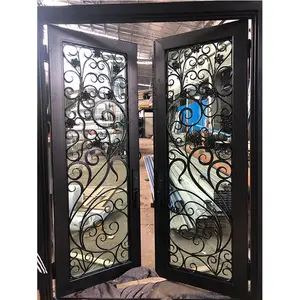 Puerta delantera francesa de hierro forjado, puerta de entrada de acero inoxidable, diseño decorativo
