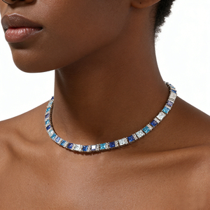 Fealux Neuerscheinung 7,5mm Farbverlauf Blau Princess Cut Tennis-Kette Vollständig mit Baguette-Ozeanblau-Saphir-Zirkonia Besetzte Halskette - Product Image 2