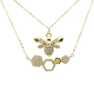 Trendy New Design 9k Real Gold With Zircons Stack Bee and Hive Pendant Necklace Jewelry For Women Gift Wedding