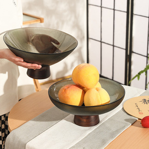 Piring Buah Kaca Berdiri Tinggi dengan Alas Kayu Solid Vintage Baru Gaya Cina untuk Ruang Tamu Rumah Tangga Meja Kopi Kelas Atas - Product Image 3