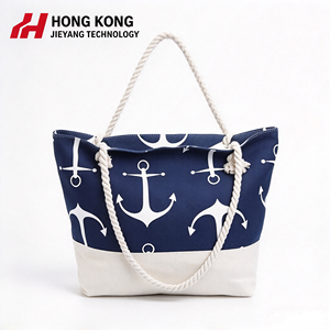 Navy Blue Anchor Print Canvas Beach <b>Bag</b> Women Large Capacity Zipper <b>Tote</b> <b>Bag</b> <b>Summer</b> Travel Holiday <b>Bag</b> Rope Handle Wholesale - Product Image 1