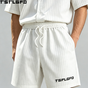Conjunto de Camisa a Rayas Personalizada y Pantalones Cortos con Cordón, Transpirable, Estilo Urbano, Dos Piezas, Venta al Por Mayor - Product Image 5