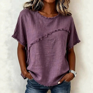 T-shirt décontracté en lin pour femme, col rond, manches courtes, coupe ample, couleur unie, franges asymétriques, respirant, tissé, printemps-été - Product Image 3