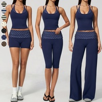 Set Yoga dengan Pinggang Bergaris, Atasan Tank Top Halter, Celana Panjang Pinggang Tinggi, Celana Pendek Biker, Pakaian Olahraga Aktif untuk Wanita