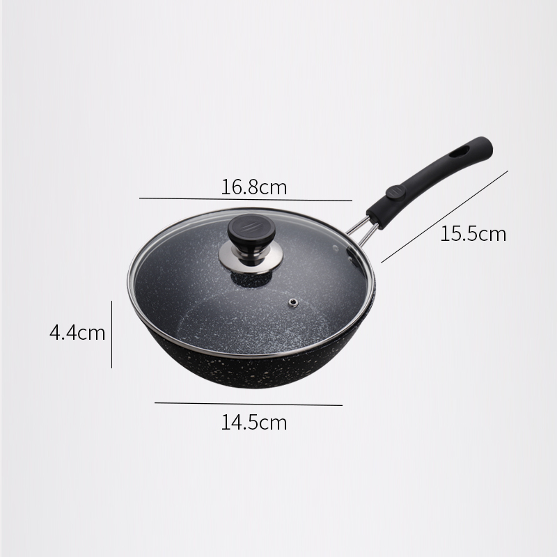 Medium Size Nonstick Fry Pan Medische Steen Tarwe Rijst Minerale Metalen Cover Olie Gratis Steelpan 17 Cm Met Glazen Deksel