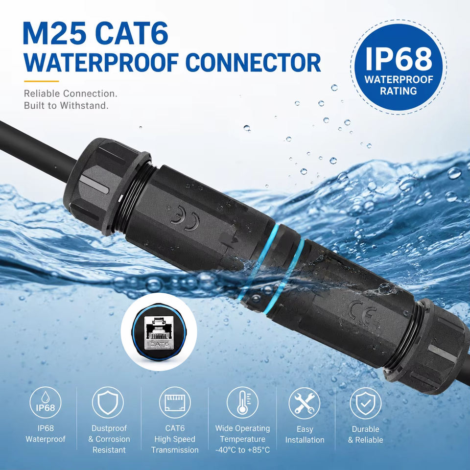 M25 IP68 Waterproof RJ45 Connector CAT6 Female to Female Coupler 10Gbps