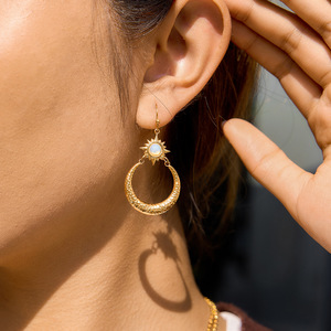 Drop <b>Earrings</b> Gold Tone Opal Star Sun Hammered <b>Moon</b> Pendant Geometric Design Stainless Steel Hook For Women Jewelry - Product Image 3