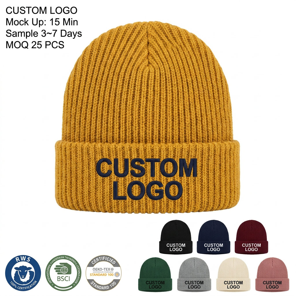 Custom Premium Embroidery Logo Wool Blend Multi Colors Cuffed Warm Winter Skull Cap Crochet Knitted Beanie Hat For Men Women