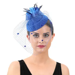 Boutique Women Feather Fascinator Top Phillbox Church Kentucky Derby Hat With Veil Cocktail Tea Party Headwear