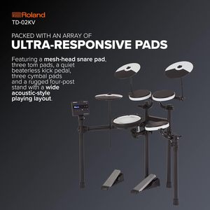 ชุดกลองไฟฟ้า <span class=keywords><strong>Roland</strong></span> <span class=keywords><strong>TD</strong></span>-02KV V-Drums พร้อมระบบลดเสียงรบกวน, กลองสแนร์แบบตาข่าย, รูปแบบการเล่นแบบอะคูสติกที่กว้างขวาง, ระบบฝึกซ้อมในตัว - Product Image 3
