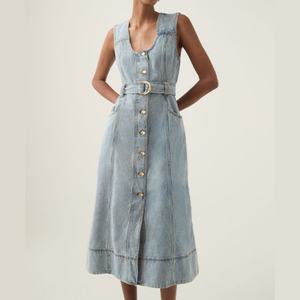 Vestido Midi Vaquero Premium Personalizado para Mujer, Cuello Cuadrado, Botones, Corte Ajustado, Sin Mangas, Vestido Vaquero Ajustado para Mujer - Product Image 1