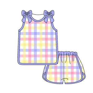 GSSO3660 Ensemble d'été personnalisé pour petite fille, imprimé à carreaux coloré, vêtements pour enfants en gros, ensemble de vêtements pour fille à manches volantées - Product Image 5