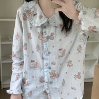 Ensemble de pyjama à col volanté, motif dessin animé, manches longues, vêtements de nuit respirants en coton, tenue de détente pour femmes