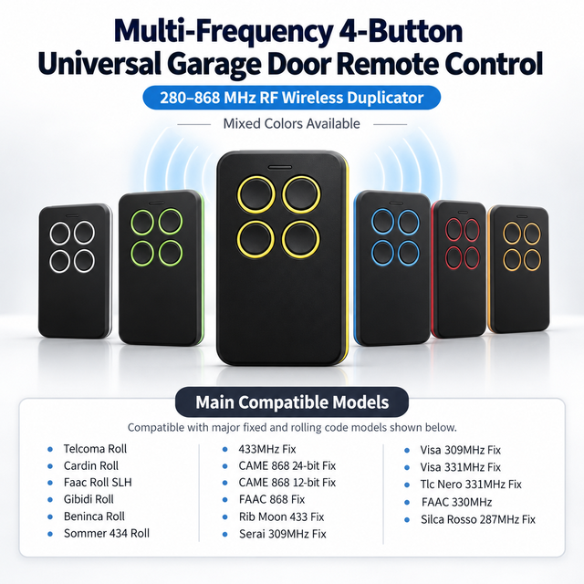 Multifrequency 4-Button Universal Garage Door Remote Control Black 280-868 MHz Radio Frequency RF Wireless Duplicator