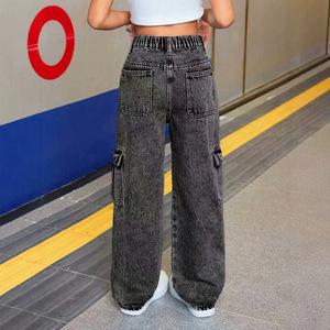 Pantalons en <span class=keywords><strong>jean</strong></span> noir tendance pour adolescentes, multi-poches latérales, coupe droite, cargo, pantalons décontractés pour enfants, personnalisés - Product Image 2