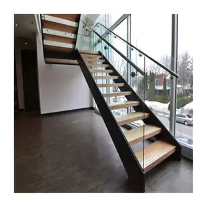 ACE階段ホワイトZ字型ダブルビーム木製トレッドストレート階段フレームレスガラス手すり付き