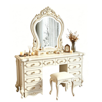 Coiffeuse de style français avec panneaux décoratifs, grande table de maquillage, miroir LED et tabouret – Meubles de chambre à coucher – Vente en gros Chine