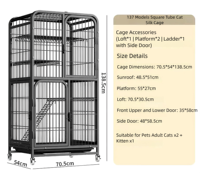 Cage à chat en fer à deux niveaux, tube carré, robuste, avec porte d'entrée supérieure, roues universelles, facile à nettoyer
