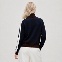 Cardigan en laine mérinos bleu marine pour femme, tricoté, zippé, col cheminée côtelé marron, fabrication sur mesure ODM OEM, vente en gros d'usine