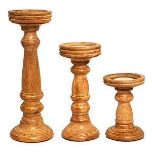 Mango Wood Crafted Rustic Table Centerpiece Decor Whitewashed Hand Carved Wooden Pillar Candle Holders