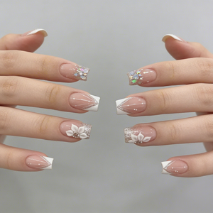 <span class=keywords><strong>Uñas</strong></span> Postizas Cortas <span class=keywords><strong>Cuadradas</strong></span> con Punta Francesa, Diseño <span class=keywords><strong>de</strong></span> Flores <span class=keywords><strong>Blancas</strong></span> Brillantes, Estrellas y Rayas, <span class=keywords><strong>Uñas</strong></span> <span class=keywords><strong>de</strong></span> Plástico Prediseñadas para Mujer - Product Image 3