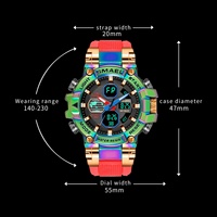 SMAEL Jam Tangan Olahraga Digital Pria Warna-warni Modis dengan Stopwatch 3-5 ATM Alarm Tahan Air Layar Ganda Daya Tahan Baterai 2 Tahun