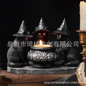 Black Cat Ghost Candlestick Halloween Ornament Resin Craft <b>Battery</b> <b>Operated</b> Indoor Decoration - Product Image 1