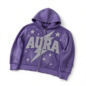 Sudadera con capucha y cremallera Aura con pedrería, unisex, corte oversize, diseño de estrella morada, estampado brillante, estilo hip hop, para otoño - Product Image 2